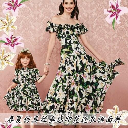 Spring and summer drape lily flower print parent-child fabric hand cloth diy dress cheongsam shirt pants cloth black fashion
