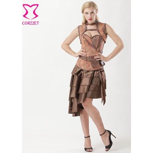 Vintage Brown Cotton and Faux Leather Steampunk Corset Skirt Jacket Women Burlesque Outfits Gothic Clothing Sexy Corsets Dress