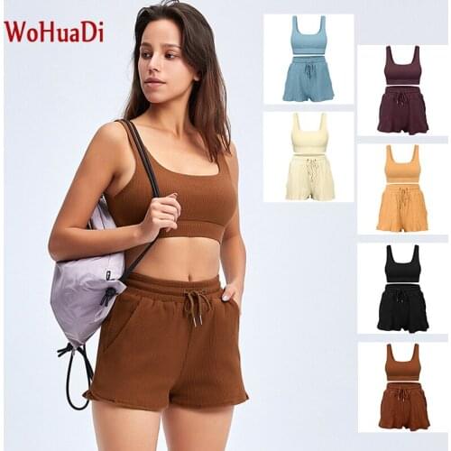 WOHUADI 2021 Casual Sports Yoga Shorts Set Wear Gym Fitness Suit Women Clothes Vest Top Bra Stripe Sportswear High Waist Pant