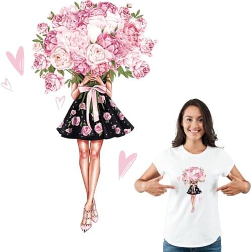 Iron Patch Girl With Flowers Stickers T-Shirt Dresses Hot Tear Diy New Design Thermal Transfer Flower Patch Over Powder