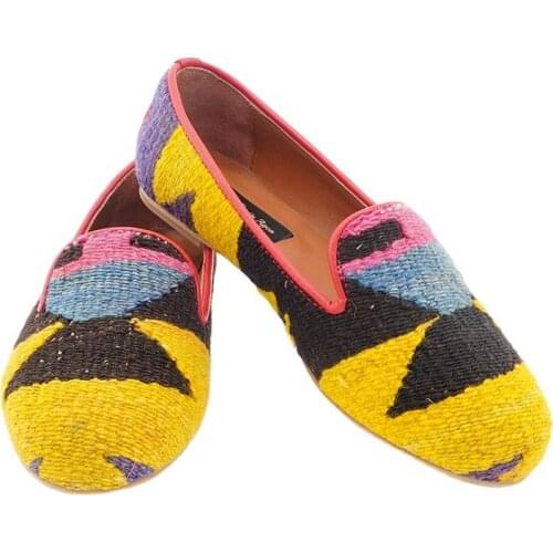 Yellow Tribal Flat Shoes, Handcrafted Slip On Shoes, Ladies Vintage Shoes, Low Heel Casual Shoes, Custom Female Shoes