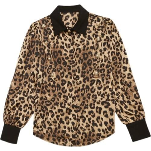 High Quality Leopard Print Spliced Blouse Shirts Women Office Pullover Tops 2021 Autumn Turn Down Collar Button Casual Blouse