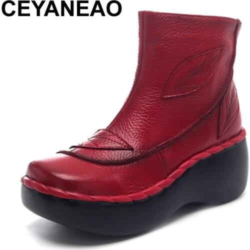 CEYANEAO Genuine Leather Women Boots 2020 Spring Autumn Fashion Stitching 6cm Thick Sole Boots With Platform Women Ankle Shoes