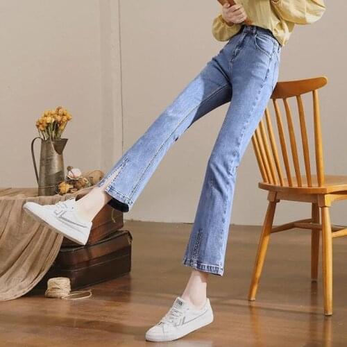 Split Jeans Womens High Waist Slim 2021 Summer Spring Ankle-Length Pants Flared Pants Student Trendy Blue Two Buckle Auutumn