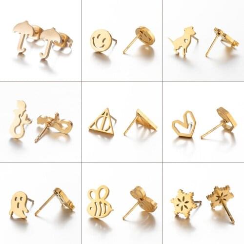 Rock Stainless Steel Umbrella Earrings for Women Fashion Small Smiley Face Triangle Ghost Earrings Bee Snowflake Earings Jewelry