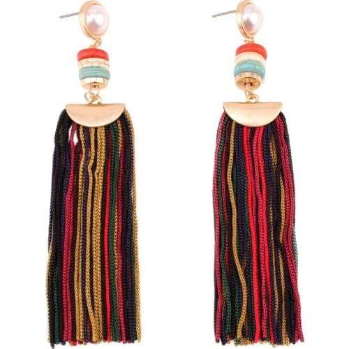 Colorful Tassel Pendant Stone Bead Imitated Pearl Drop Earrings for Women Design Jewelry Metal Dangle Statement Earrings