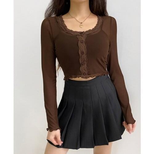 Sexy Perspective Crop Top Womens Long Sleeve Solid Color O-neck Tee Shirt Ladies Casual Lace Pullover Tunic Tee Tops Shirt