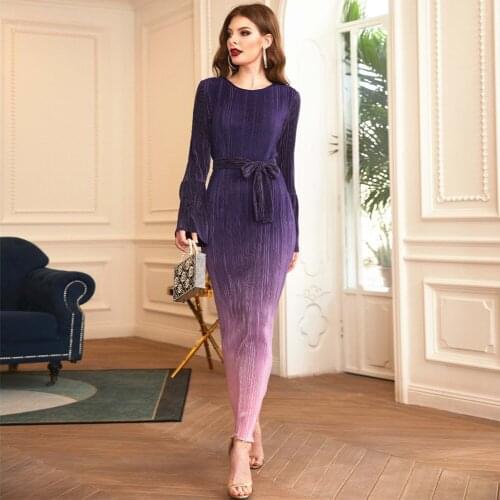 BA030 Dubai Creasing Super Elastic Long Evening Dress Ruffles Purple Pink Gradient Women Clothes 2021 Spring Flared Sleeves