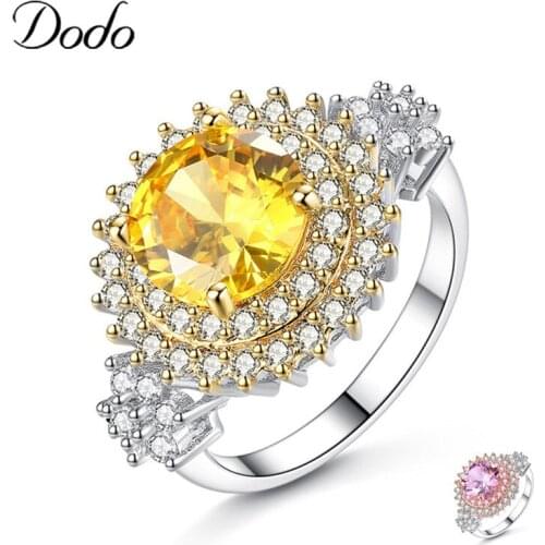 Trendy 2 Colors Fashion Rings Luxury Yellow & Pink Round Cubic Zircon Ring Silver Color Wedding Bijoux For Women Jewelry R397