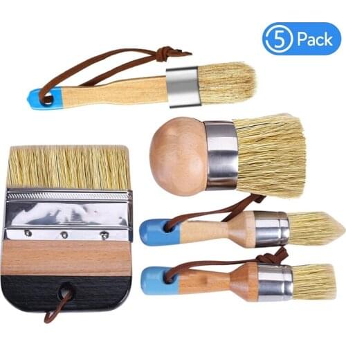 5Pcs Chalk Paint & Wax Brush Natural Bristle Brush Set - Round Brush, 3 Piece Brush Set & 4Inch Flat Brush