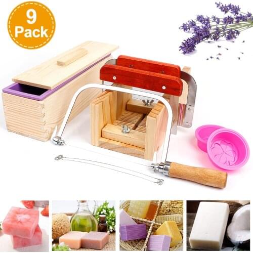 9Pcs Silicone Soap Mould Rectangular Soap Making Tool Kits Set -Adjustable Wooden Cutting Box with Stainless Steel Soap Cutters