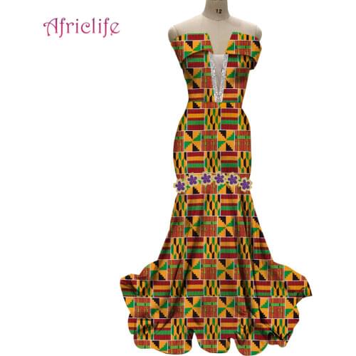 New Sleeveless V-Neck Fashion Lady Clothing Glitter Fabric Patchwork Print African Wax Cotton Women Floor-Length Dresses WY8906