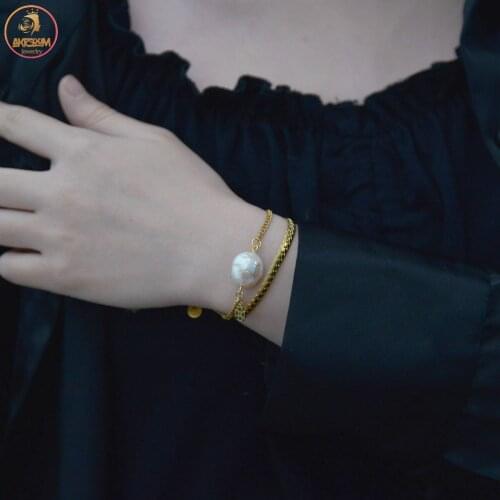 Akizoom Golden Pearl Bracelets Stainless Steel Double Layers Thick Chain Women Bangles For Women Couple Jewelry Birthday Gift