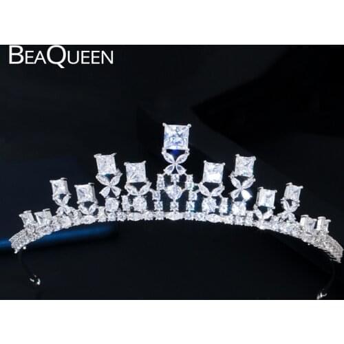 BeaQueen New Bridal Classical Wedding Tiaras and Crowns Luxury Princess Cut Cubic Zircon Crystal Big Crown Women Jewelry H012