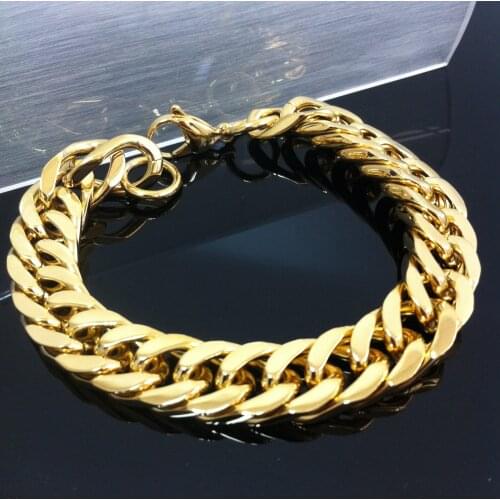 8/10/12/15/17mm Gold Tone Double Cuban Curb Link Rombo Mens Chain Boys 316L Stainless Steel Bracelet Jewelry