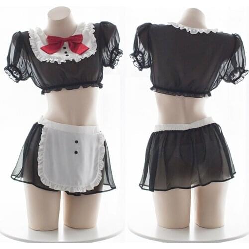 Black Red Bow Perspective Maid Uniform Set Cute Japanese Sexy Lolita Girl Chiffon Ruffles Apron Underwear Set Cosplay Sleepwear