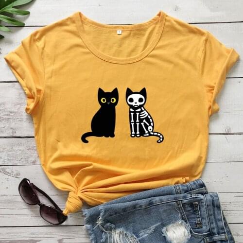 Colored Black Cat And Cat Skeleton T-shirt Spooky Women Halloween Party Top Tee Shirt Funny Holiday Gift Tshirt For Cat Mom