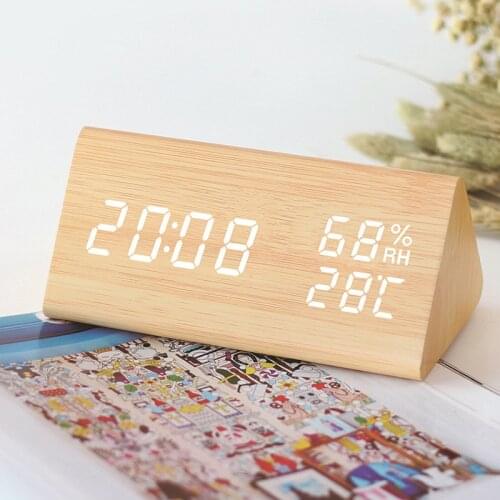 LED Wooden Alarm Clock Table Sound Control Electronic Clocks Desktop USB/AAA Powered Desktop Clocks Multifunctional Alarm Clocks