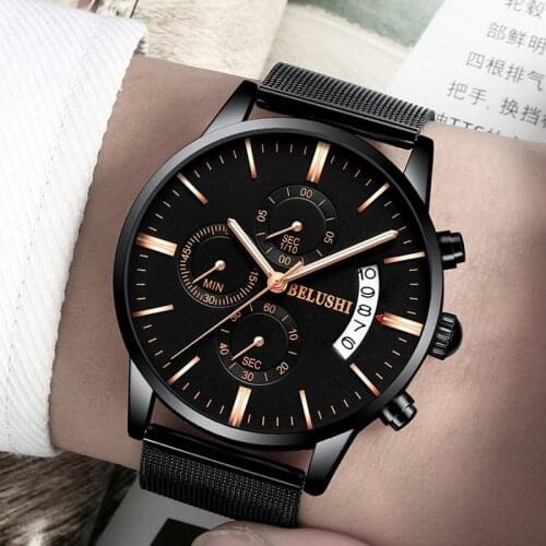 Men Watches 2020 Top Brand Luxury Business Quartz-watch Steel Mesh Multifunction Chronograph Wristwatch Date Male Saat Watch Man