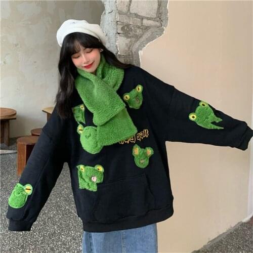 HOUZHOU Frog Hoodie Harajuku Oversized Kawaii Cute Streetwear Women Pullover Vintage Korean Fashion Velvet Matching Scarf Hooded