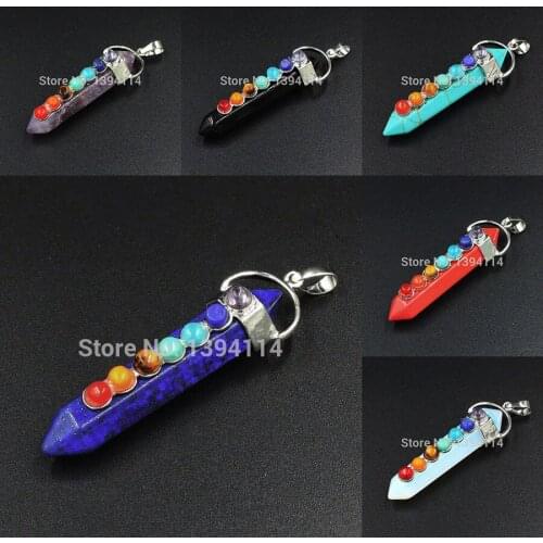 7 Chakra Stone & Lapis/Opal/Red Stone Hexagon Pillar Points Pendants Stones Glued With Copper Caps Of Plating Platina 55*15 mm