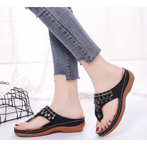 Classic European Comfort Crystal Beaded Toe-Post Slipper Sandals Street Beach Mummy Shoes