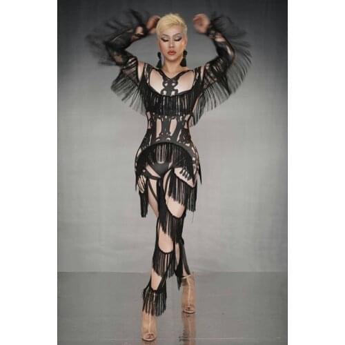 Skinny Tassel Jumpsuit Long Sleeve Black Fringes Leggings Stage Wear Bar Nightclub Female Singer Dancer Performance Costume