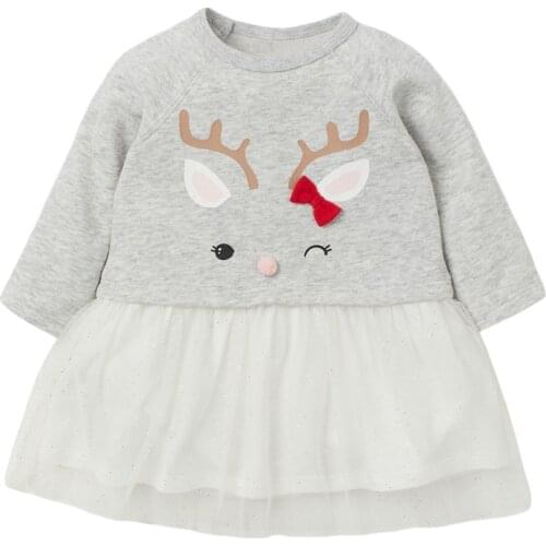 Little Maven Frocks for Baby Girl Brand Autumn Clothes Cute Deer Applique Toddler Gray Tulle Fall Dress for Kids 2-7 Years