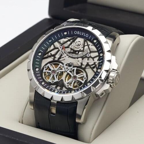 OBLVLO Top Brand Luxury Design Transparent Hollow Skeleton Watches Power Reservce Steel Double Tourbillon Automatic Men Watches