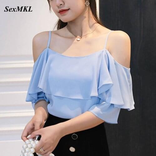 Sexy Off Shoulder Ruffle Tops Women 2021 Fashion Casual Short Sleeve Summer Blouses Korean Elegant Loose Chiffon Shirts Blusas