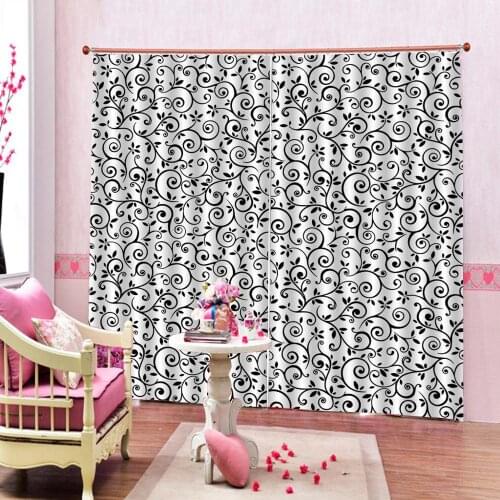 Simple flower pattern curtains black Nature Art Print, Drapes Living room Bedroom Decor 2 Panels HooksWindow Curtains