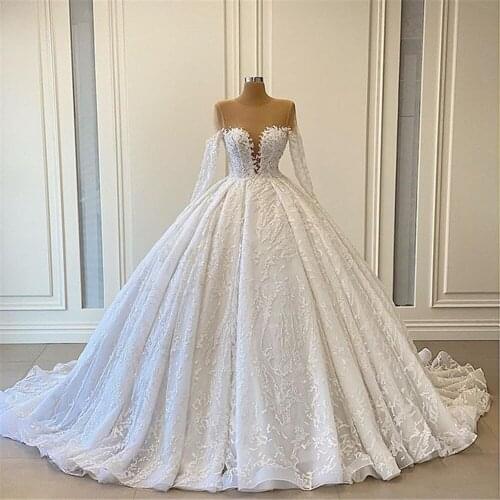 Luxury 2021 New Long Sleeve Ball Gown Wedding Dresses 2021 Vestido De Noiva Sexy Illusion Tulle Wedding Gowns Robe De Mariage