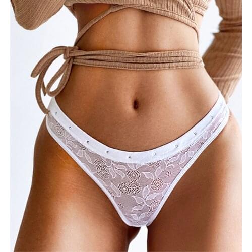 Sexy Lace Floral Thongs for Women Embroidered Hollow Out G-String Panties Female Low Rise Cotton Seamless Rhinestone Underwear