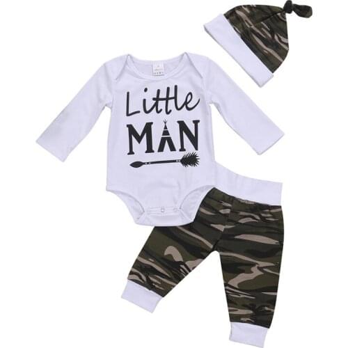 High Quality Newborn Baby Boys Clothes Long Sleeve Tops Romper +Camo Pants+Hat 3Pcs Outfits Baby Clothing Set 0-18M