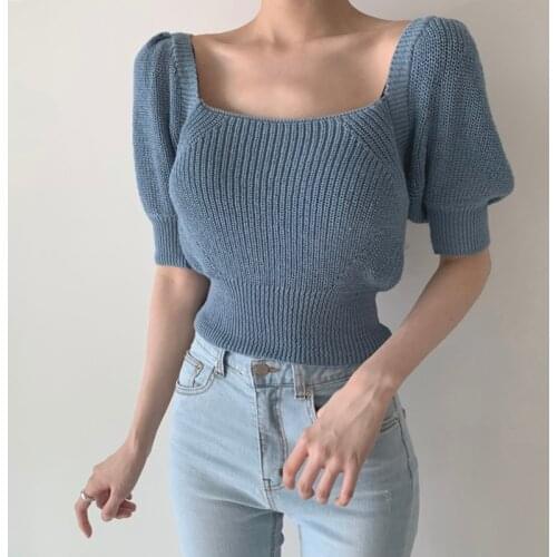 JMPRS Knitted Women T Shirt Fashion Puff Short Sleeve Sexy Backless Bandage Lady Tees Korean Hollow Out Square Collar Short Tops