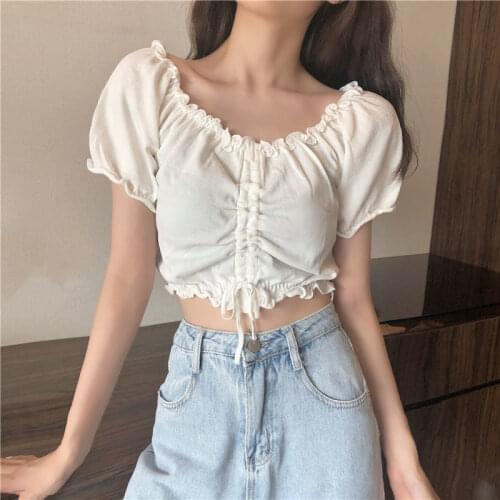 Woman TShirts 2021 Summer Boat Neck T-shirt Womens Tops Drawstring Short Sleeve Crop Top Mujer Camisetas