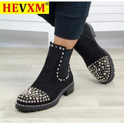 Winter Punk Rivet Boots Women Round Head Toe Leather Booties Studded Thick Low Heels Chelsea Ankle Plush Botas De Mujer