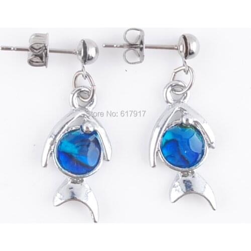 5Pairs Jewelry New Zealand Abalone Shell Gem Stone Blue Fish Beads Silvers Ear Stud Earring Charms for Women TR631