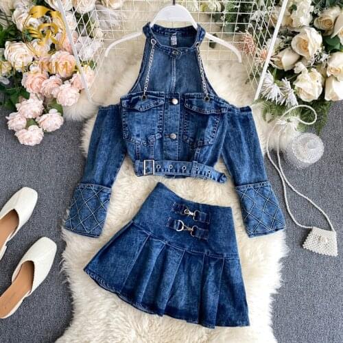 2020 Summer Vintage Sexy Long Sleeve Strapless Chain Halter Hollow Out Denim Top Short Mini Skirt Two Piece Set Women
