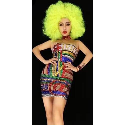 Women New Multicolor Shining Rhinestones Tight Dress Sexy Fashion Stretch Short Dress Birthday Party Wear Singer Stage Costume