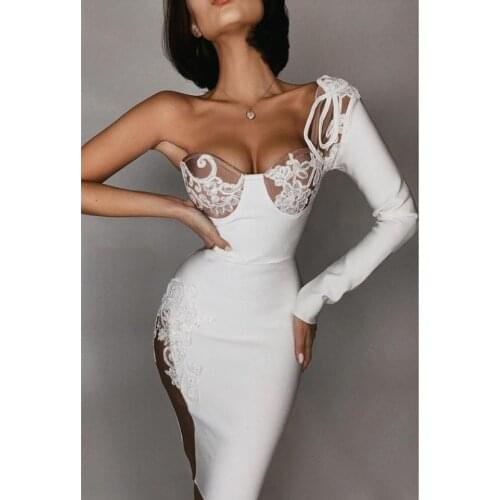 High Quality White Long Sleeve One Shoulder Rayon Bandage Dress Homecoming Party Bodycon Dress Vestidos