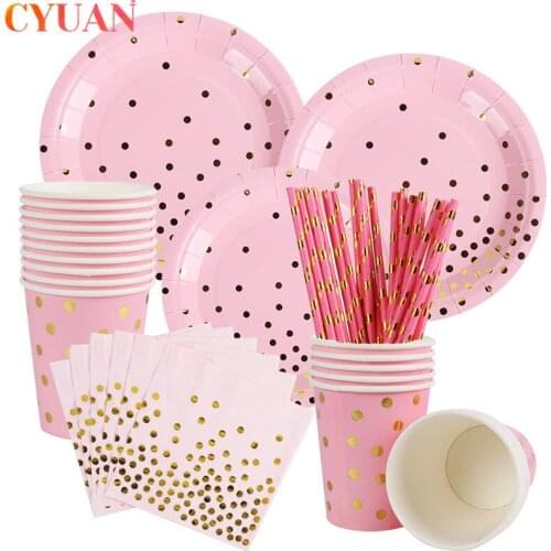 Gold Wedding Decoration Disposable Tableware Paper Straw Plates Tablecloth Baby Shower Girl Birthday Party Decorations Kids