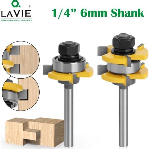 2Pcs 1/4" Shank Tongue & Groove Router Bits 3/4" Stock 3 Teeth T-shape Tenon Milling Cutter for Wood Woodworking Tools MC01018