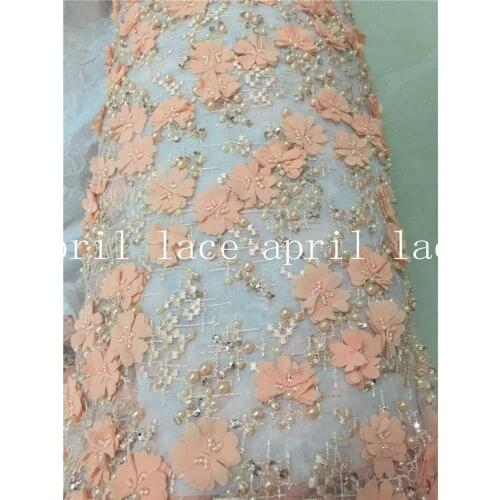 5yards AA0111chiffon 3d pearls peach sequin beads best quality luxury embroidery tulle mesh lace french fabric for wedding