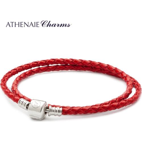 ATHENAIE Eight Color Double Braided Leather 925 Sterling Silver Snap Clasp Bracelet Size 13.39inch Fit European Bead