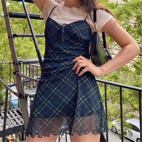 E-Girl 90s Spaghetti Strap Bandage Front Ruffle Plaid Dresses Vintage Mesh V-neck Backless A-line Mini Dress Partywear