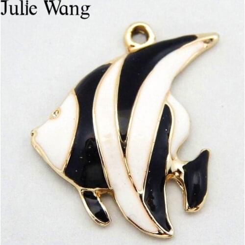 Julie Wang 8PCS Enamel Black White Tropical Sea Fish Alloy Charms Jewelry Handcrafts Bracelet Earrings Making Pendant Accessory