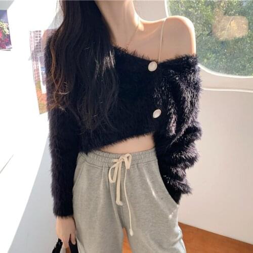 Zoki Sexy Women Cardigan Cropped Sweater Autumn V Neck Long Sleeve Knit Cute Short Jacket Casual Japan Girls Solid Jumper Coat