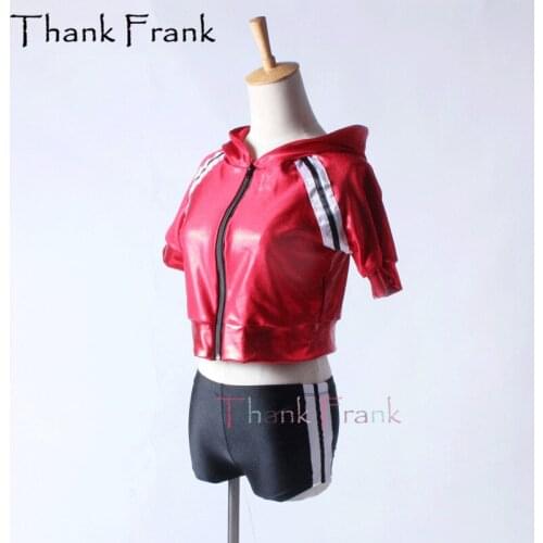 2-Piece Metallic Red Jazz Modern Dance Costume Including Crop Top And Shorts C332