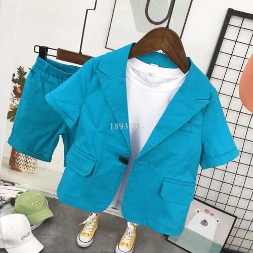 Boys Short-sleeved Suit Set 2021 Korean Childrens Dress Blazer Shorts 2pcs Clothing Set Kids Wedding Host Party Costume
